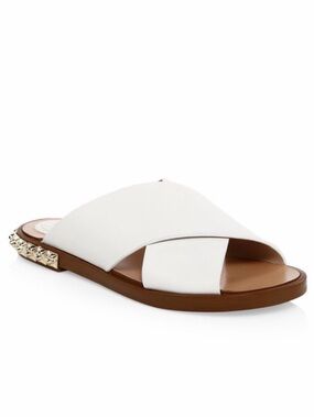 Stuart Weitzman White Crisscross Slide Sandal with Gold Stud Accent
